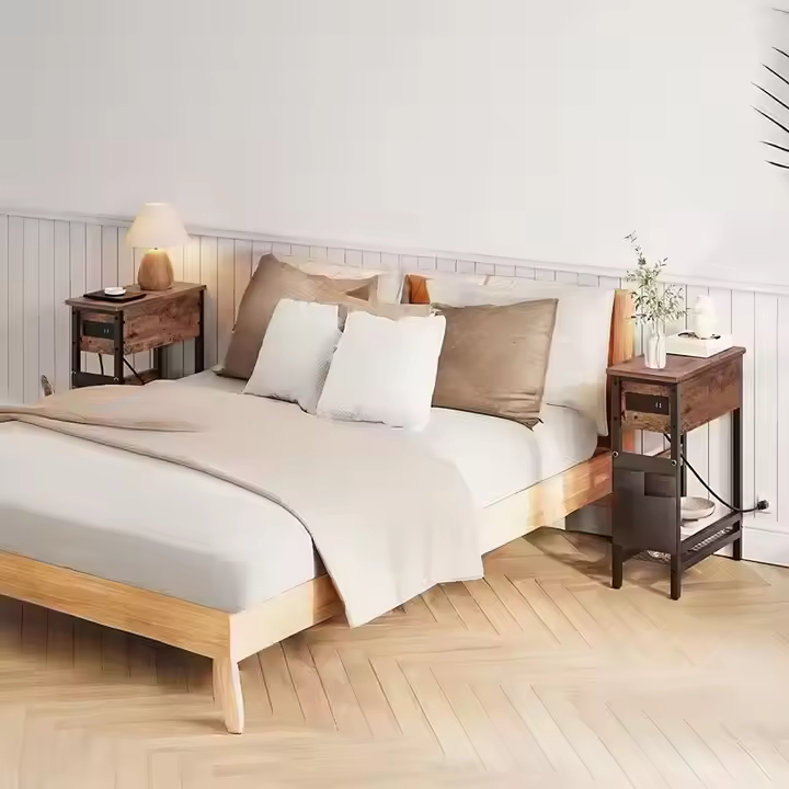 OEM Modern Wooden Flip Top Skinny Side Table Small Spaces Nightstand with Charging Station for Bedroom and Living Room