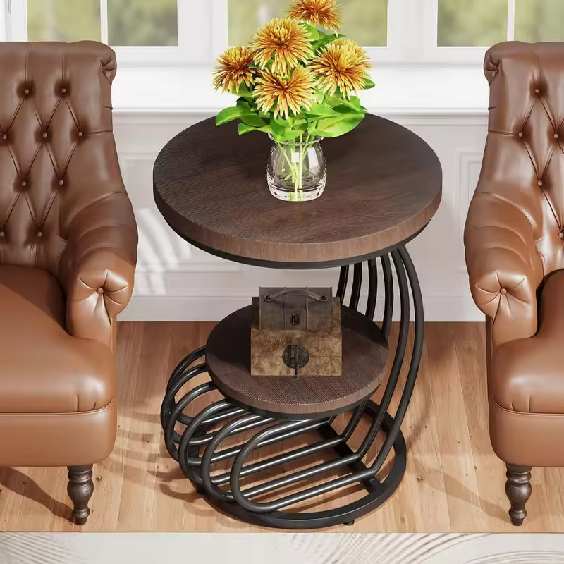 The Factory Hot-selling Customize 2-layers Living Rooms Bedroom Office Side Tables Made of Antique Metal and Wood End Table