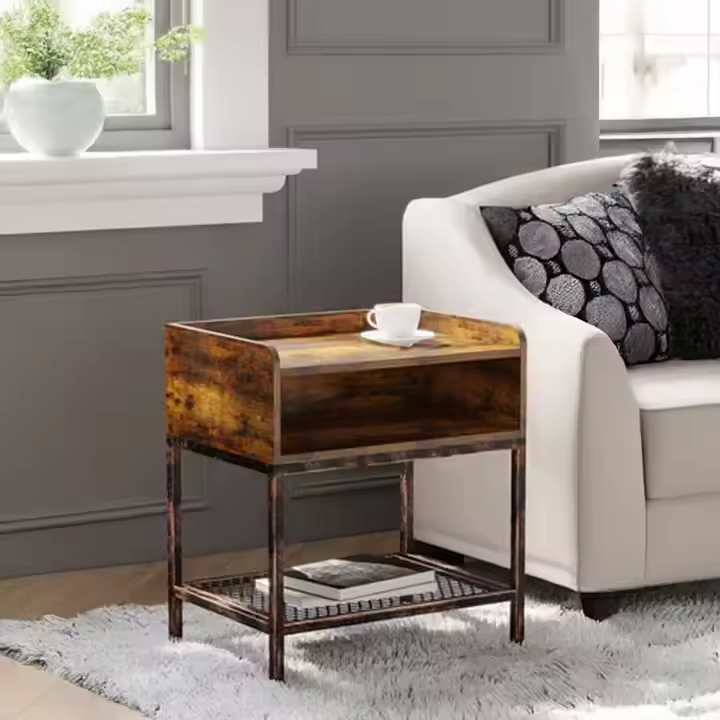 Modern Rustic Solid Wood Metal Nightstand Side Table Convertible Charging Station USB Ports OEM&ODM Bedroom Furniture Home