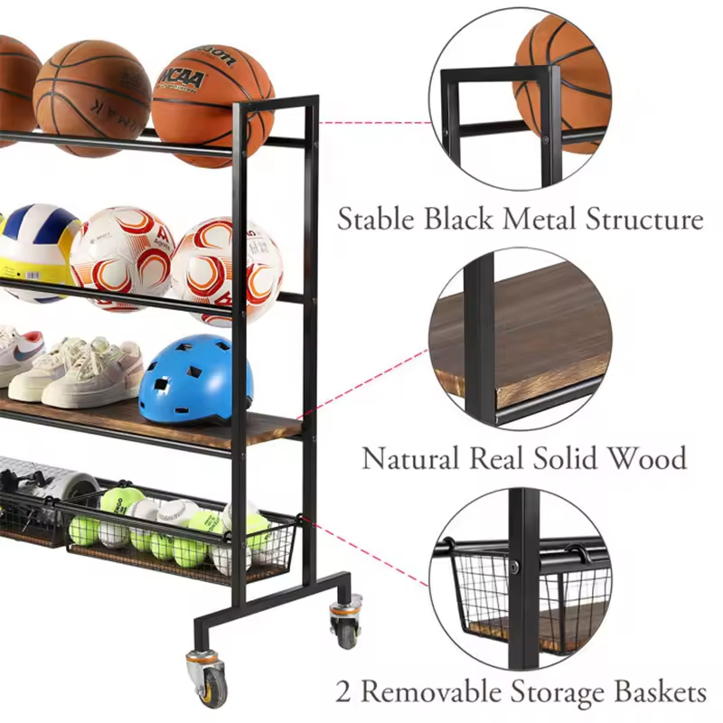 Factory Custom Wheeled 4-Tier Carbon Steel Strong Load-Bearing Modern Garage Organizer Home Gym Fitness Equipment Storage Rack