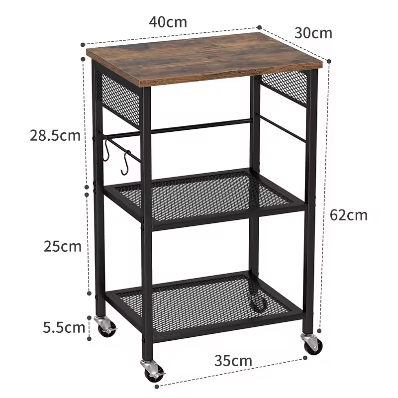 Factory Direct Sales 3-layer Stainless Steel Mobile Printer Stand Modern Printer Cart with Wheels and 2 Hooks Storage Rack