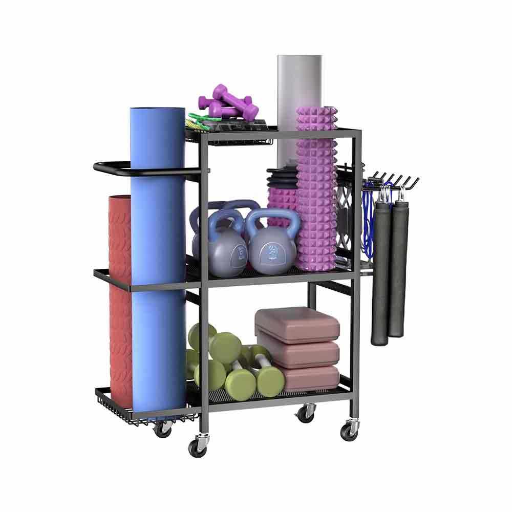 Home Gym Wall-Mounted Metal 3-Tier Tool Organizer with Wheels for Exercise and Workout Equipment