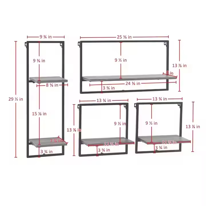 ODM OEM Coated Iron Frame Wall Shelving 4-Piece Floating Display Shelves Double Tiers Contemporary Living Room Home Storage