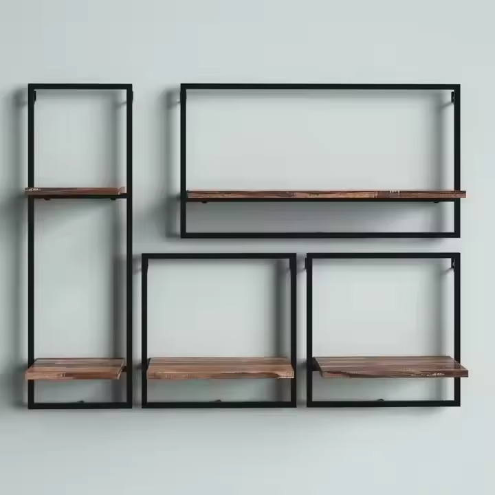 ODM OEM Coated Iron Frame Wall Shelving 4-Piece Floating Display Shelves Double Tiers Contemporary Living Room Home Storage