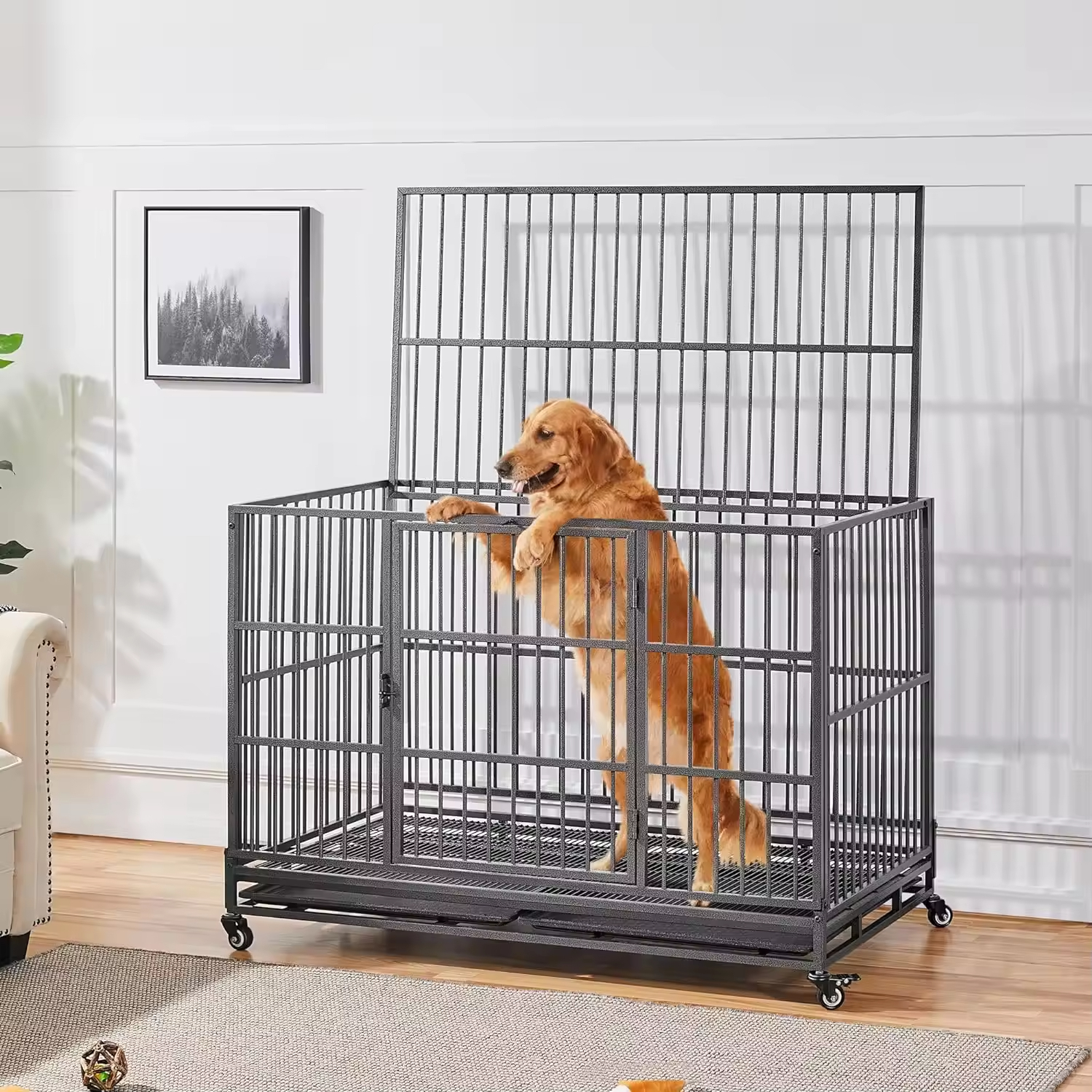 48'' XXL Indestructible Foldable Dog Crate 2 Lockable Doors Removable Metal Trays Wheels Extra Home Storage Organization