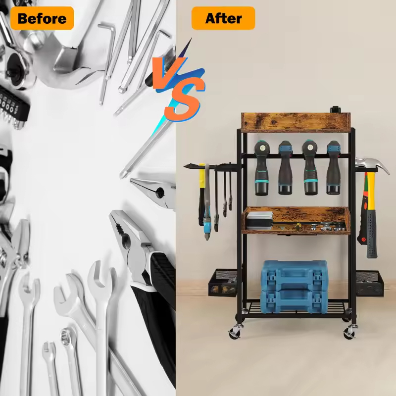 Factory OEM/ OBM Portable Rustic Rolling Tool Organizers Built-in Outlets USB Storage Rack Charging Station Garage Organizers
