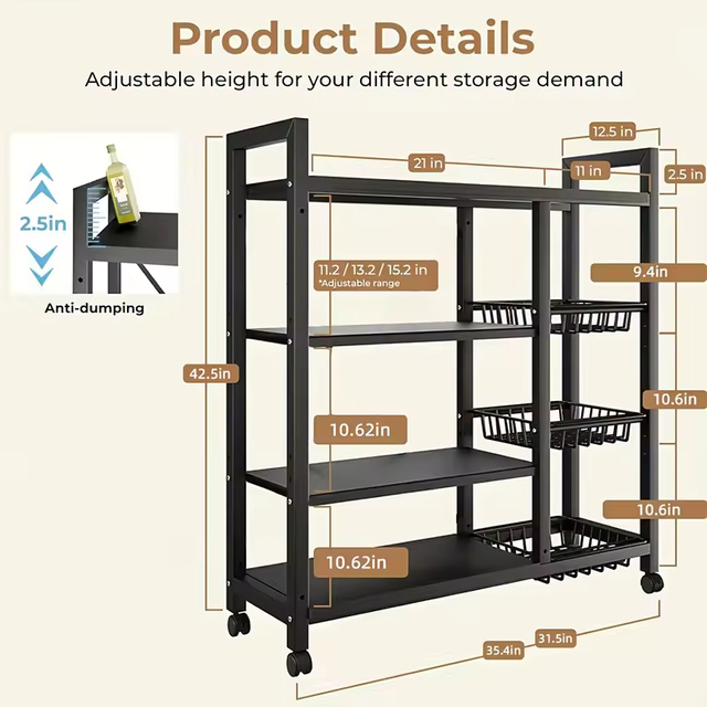 OEM/ODM 4-Tier Large Capacity Metal Kitchen Storage Rack Multi-Layer Storage Rack for Efficient Kitchen Islands Carts