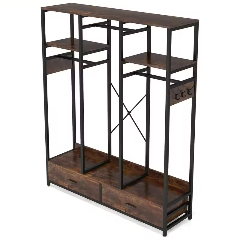 Vintage Multi-Functional Solid Color Steel Wood Structure Clothing Rack for Bedroom Wardrobe Customizable Solid Display Rack