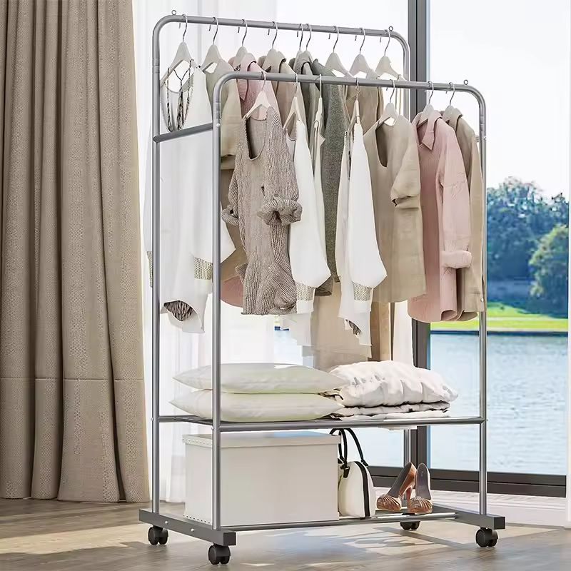 OEM & ODM Factory Metal Clothing Rack with Wheels Double Rails 110 LBS Capacity Indoor Use for Bedroom Bathroom Clothes Storage