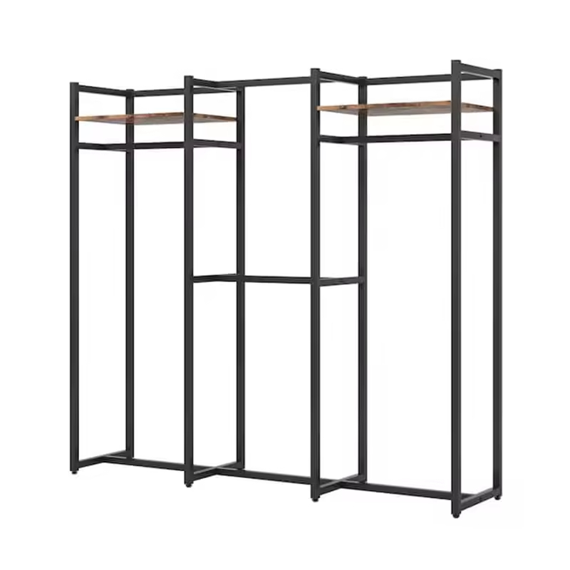 Rustic Brown and Black L-Shaped Corner Garment Rack Closet Organizer with Storage Shelves and Coat Rack