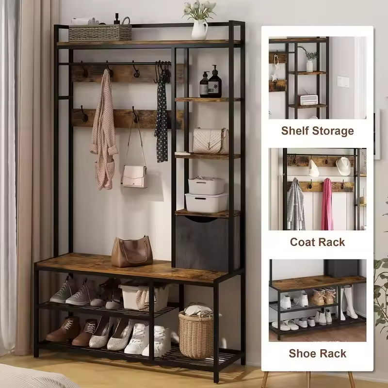 Factory OEM&ODM Shoe Clothes Rack for Entry Hall Tree Shoe Bench 5 in Coat Rack Set Storage Shelf Wooden Clothes Rack