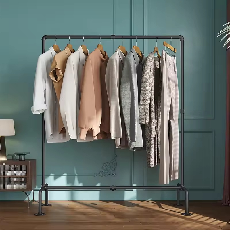 Factory Custom Wholesale Single Pole Drop Belt Wheel Rolling With Brake Industrial Pipe Clothing Rack Black Drying Rack