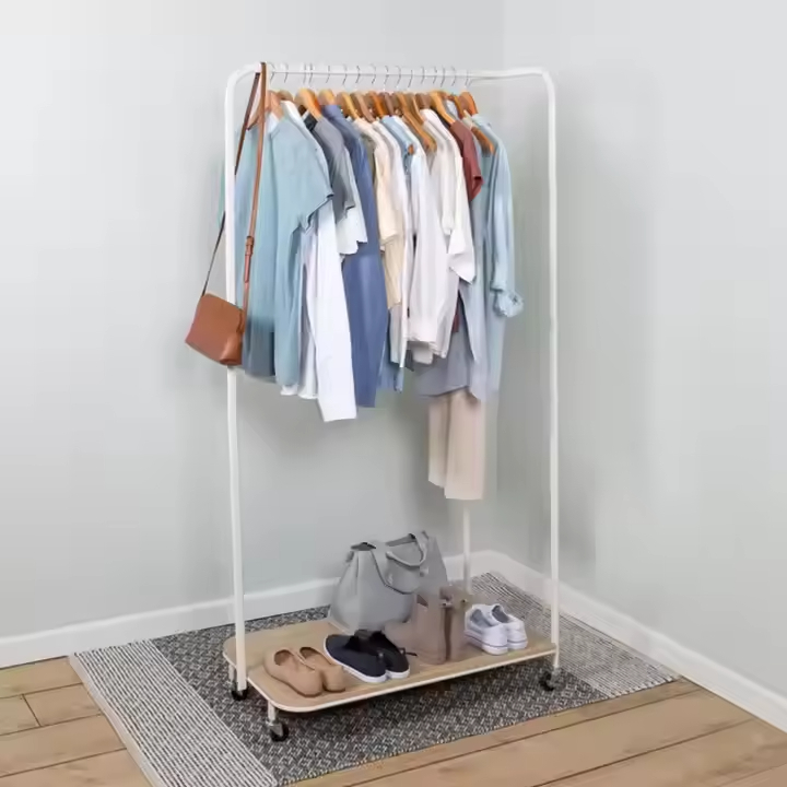 Manufacturer Custom Heavy-Duty Steel Rolling Clothes Rail Rack Double Simple Floor Garment Hanging Rack for Living Room Wardrobe