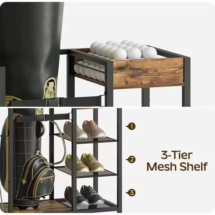 Factory Custom Rolling Carbon Steel Golf Storage Stand Rack Folding Club Shelves Organizer with Wheels for Bag & Equipment