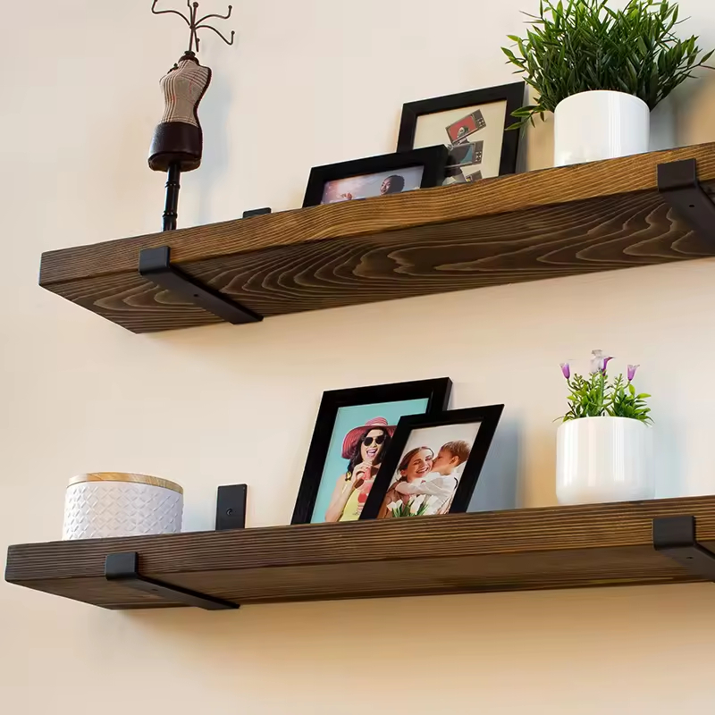 Custom Modern Rectangle Plated Live Edge Hardwood Shelves Bathroom Kitchen Rack with Bracket Long Book Floating Shelf