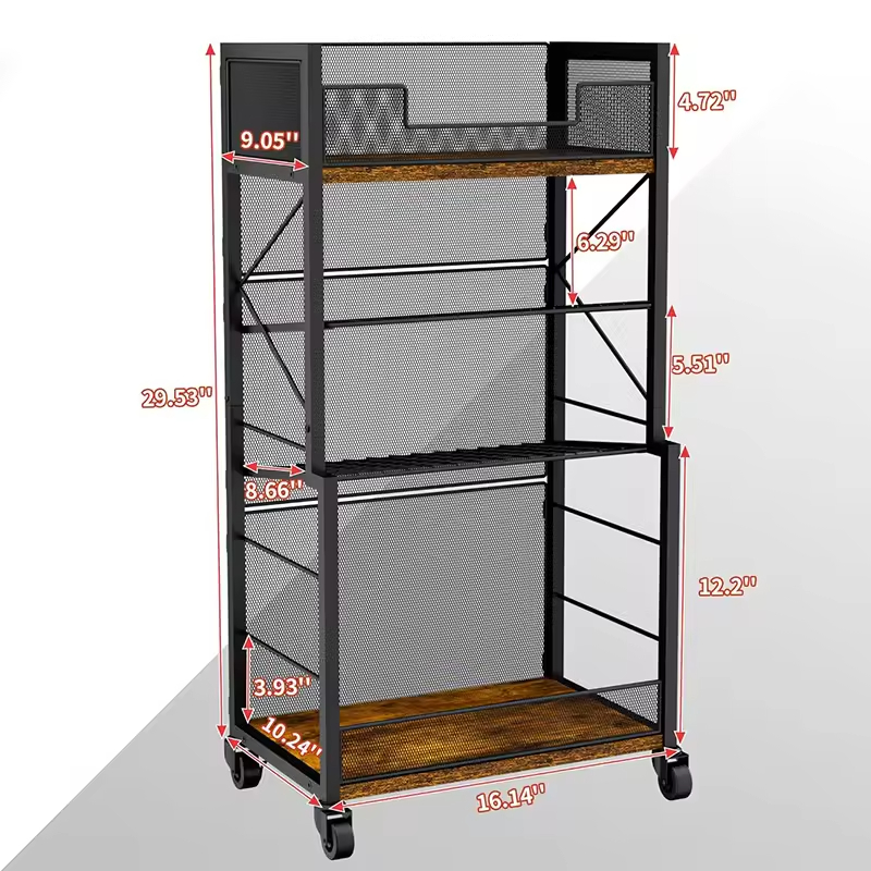 4-tier Rolling Storage Cart Organizer With 2 Mesh Sliding Trays for Home Offices Schools or Living Room Kitchen Shelving