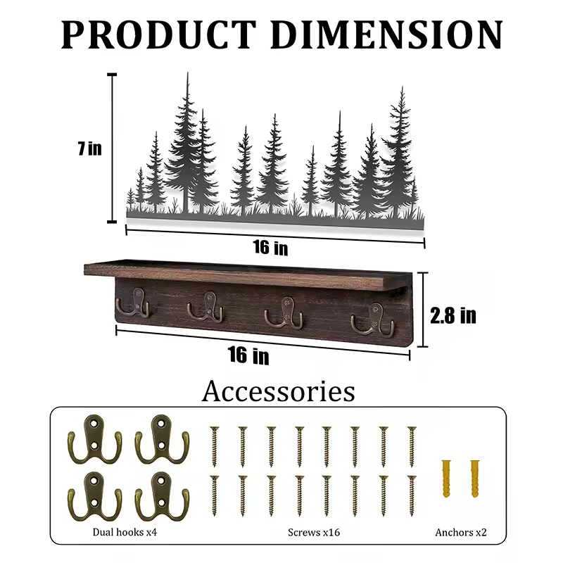 Modern Natural Wood Rectangle Plated Wall Mounted Mail Organizer with 4 Double Hooks & Key Hanger for Home Decor