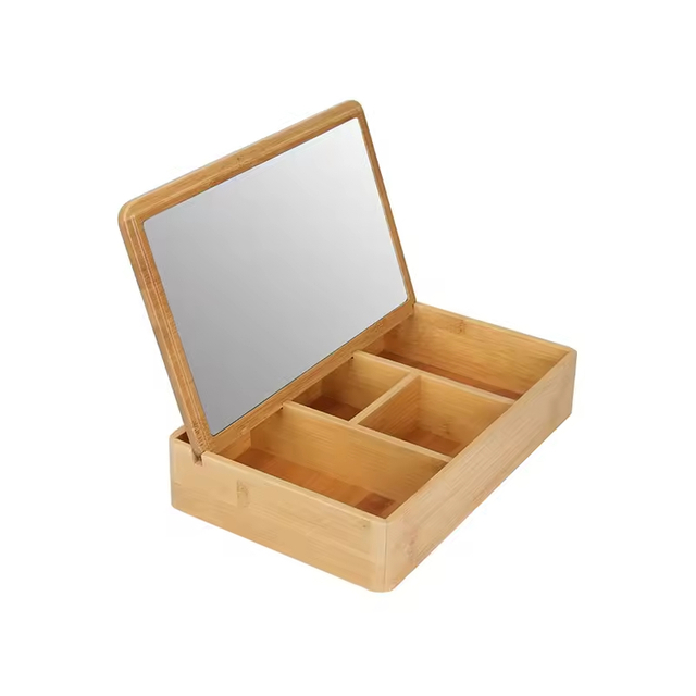 Customized Bamboo Frame Modern Space-Saving Vanity Mirror Lighted Makeup Beauty Mirror 3 Color Dimmable Touch Screen LED Table