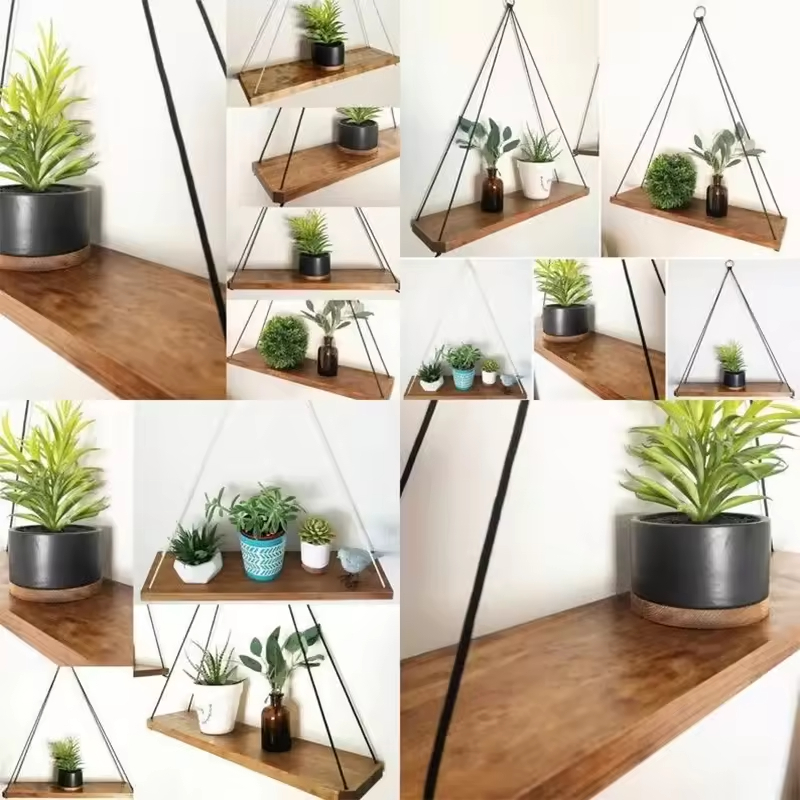 Customized High Quality Rectangle Rope Wood Modern Wall Mounted Simple Storage Rack Dark Brown