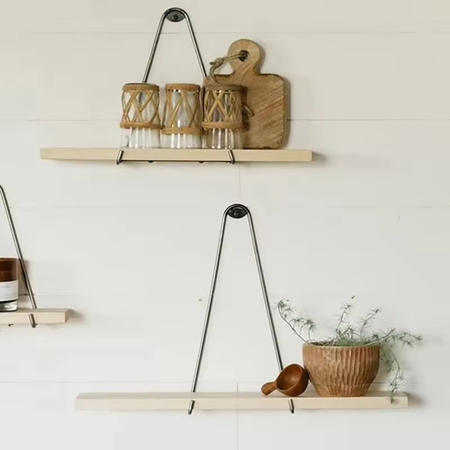 Modern Double-Tier Floating Hanging Wood Rectangle Shelves Bedroom Office Bathroom Wall Tool Storage Flowers Pots Other