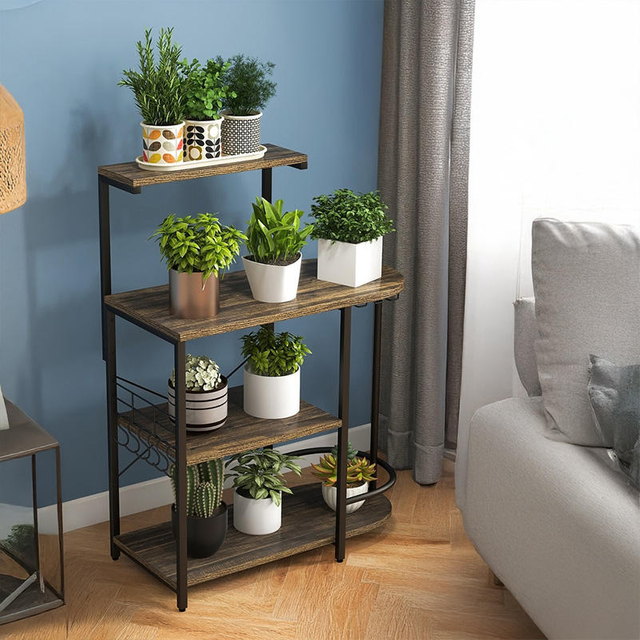 Factory OEM/ODM 4-Layer Kitchen Baker's Rack Coffee Bar Cabinet With Power Outlet Detachable Display Rack With Hooks