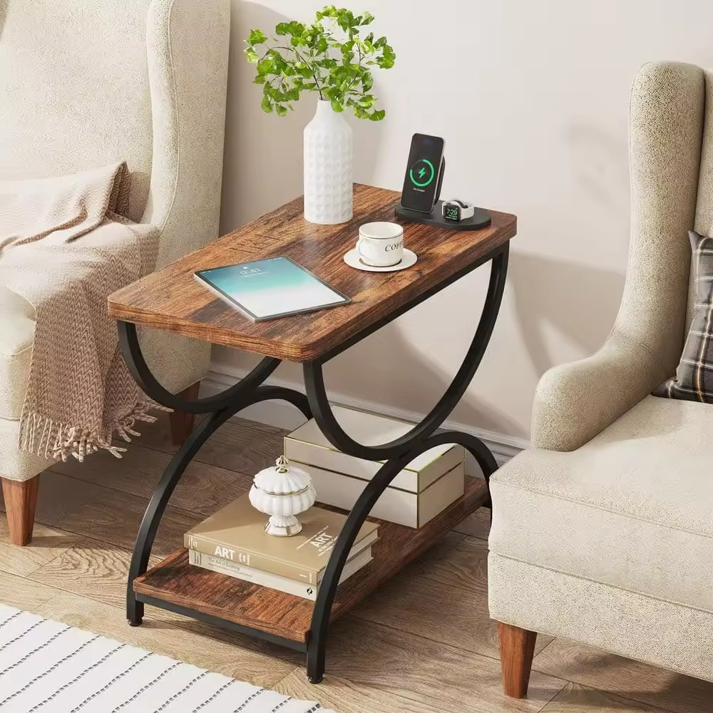 Factory Custom 23.62in Rustic Brown & Black Rectangle Wood End Side Accent Table with Stylish 2-Tier Metal Frame for Dining