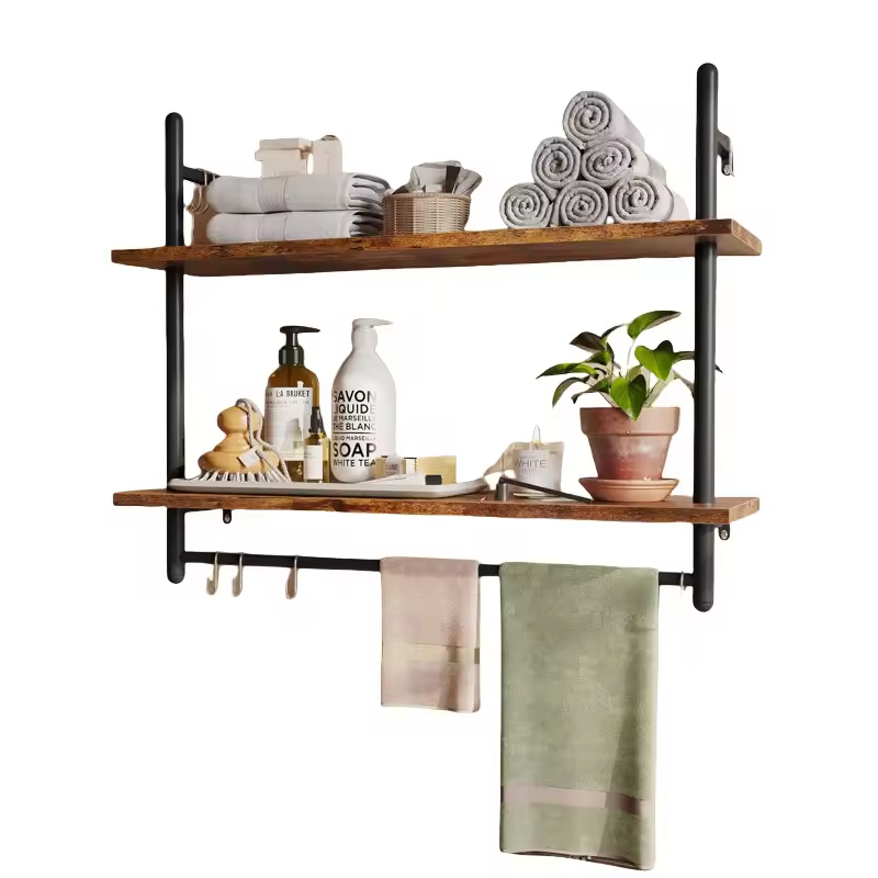 OEM&ODM Wall Mounted 3 Tier Ladder Coffee Bar Shelf Hanging Floating Pipe Shelving Kitchen Shelves
