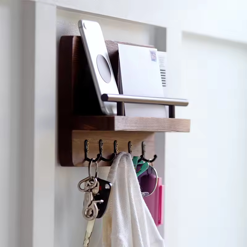 Wall Mounted Mail Bill Rack Woodenkey Holder for Wall with Shelf for Home with 5 Hooks