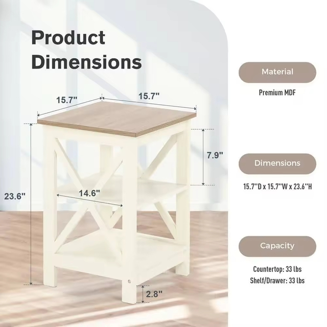 Modern 3-Tier Side Table Nightstands Factory ODM/OEM White MDF Accent Square End Table with Metal Frame for Farmhouse Bedroom