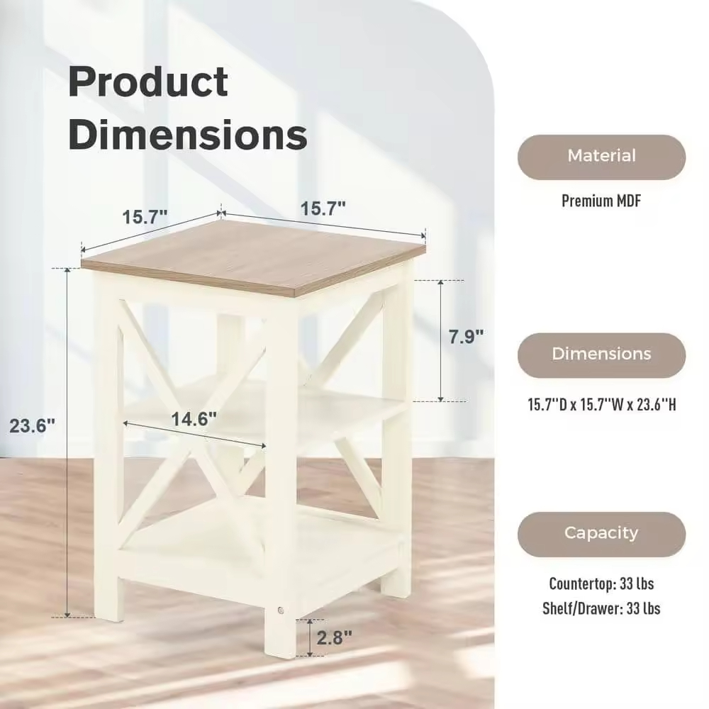 Modern 3-Tier Side Table Nightstands Factory ODM/OEM White MDF Accent Square End Table with Metal Frame for Farmhouse Bedroom