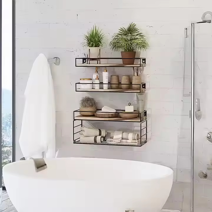 Rustic Retro Modern Vintage Sofa Console Tables Floating Wood Mounted Steel Rack for Tool Storage Rotating Living Room Wardrobe