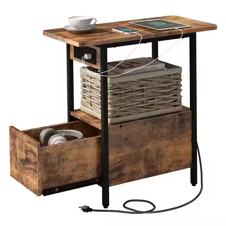 OEM ODM Narrow Console Table Charging Station Wood+Metal Storage Shelves End Table Nightstand Bedside Tables USB Ports Power
