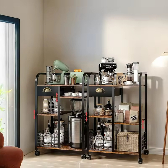 3-Tier Adjustable Vintage Steel & Wood Tool Storage Rack with Rotating Design and Mobile Wheels