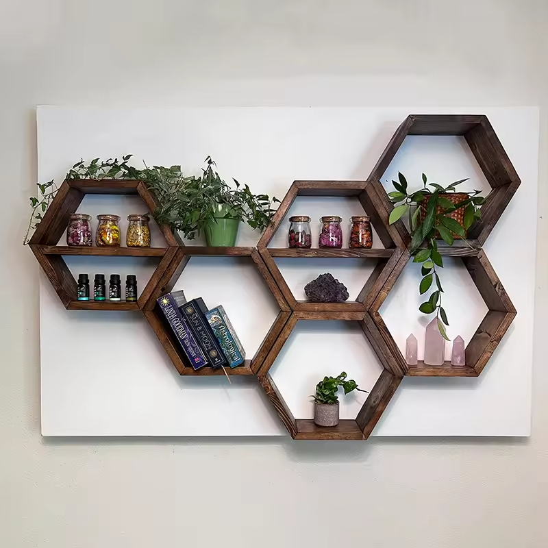 Solid Wood Rectangle Honeycomb Floating Modern Plated Digital Printing Durable Space-Saving Wood Shelf Huina Model 20251010