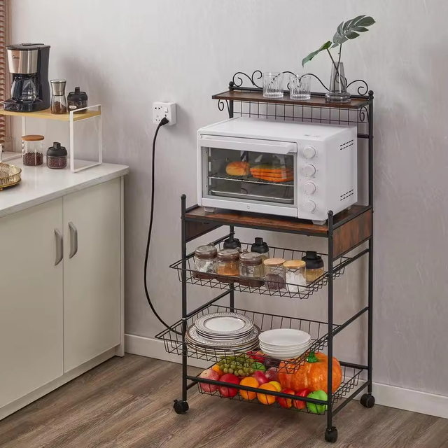 OEM/ODM Brown 5-Shelf Kitchen Storage Rack with Anti-Skid Locks and Wheels Factory Direct for Kitchen Islands & Carts