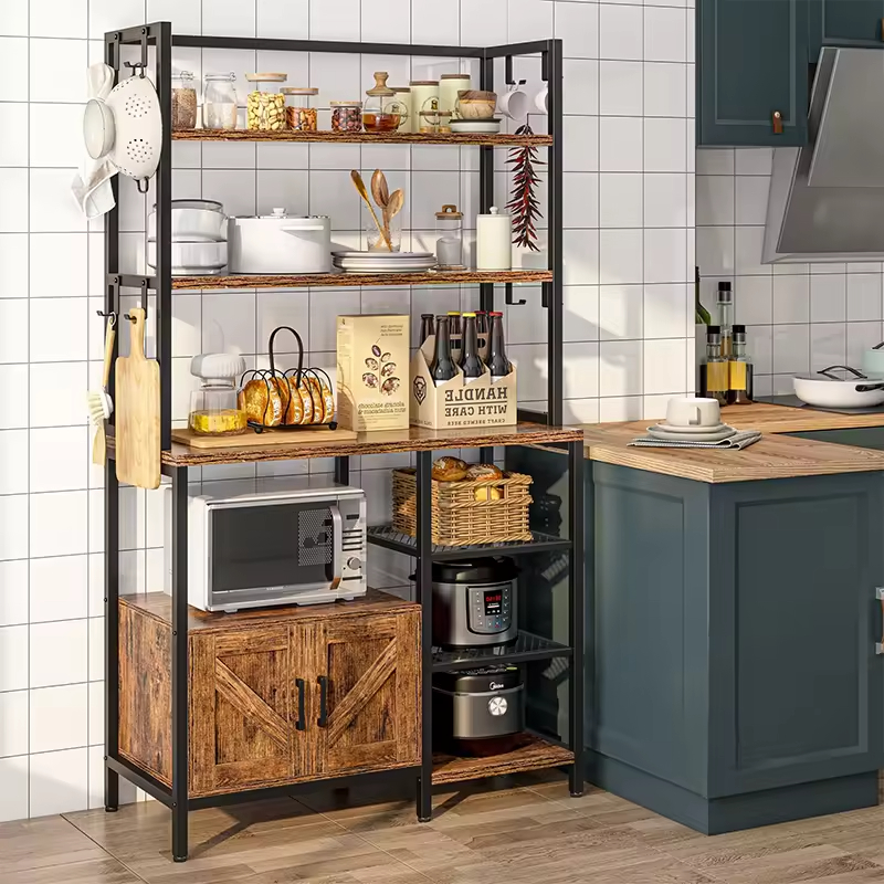 Factory Custom Large Capacity Metal and Wooden Kitchen Storage Rack Kitchen Coffee Bar with Storage Cabinet