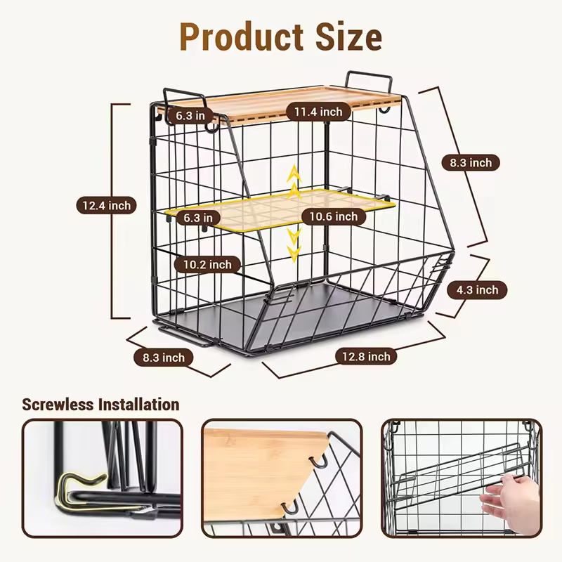 Custom Metal Wall-Mounted Fridge Shelves with 2 Spiral Holders and 8 Hooks Magnetic Refrigerator Spice Rack for Kitchen Stove