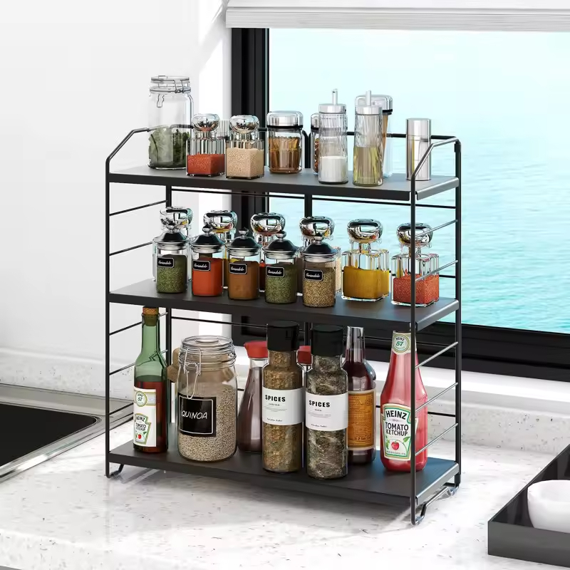 Manufacturer Custom Freestanding Stainless Steel Spice Rack with Adjustable Racks 3-Tier Spacious Kitchen Spice Rack