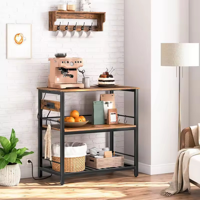 Customizable 3-Tier Kitchen Organizer Rack LED Strip Wood&Metal Storage Rack Featuring Power Outlet Hooks Standing Type