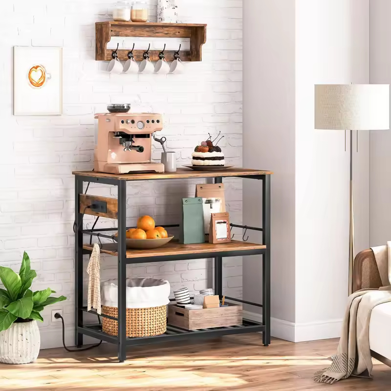 Customizable 3-Tier Kitchen Organizer Rack LED Strip Wood&Metal Storage Rack Featuring Power Outlet Hooks Standing Type