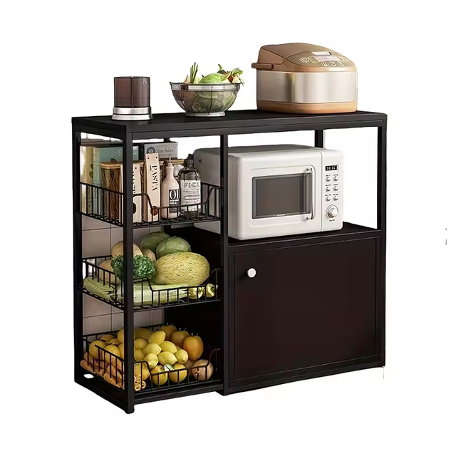 Factory Custom Large Capacity Metal and Wooden Kitchen Storage Rack with Three Baskets Kitchen Storage Shelf Oven Rack