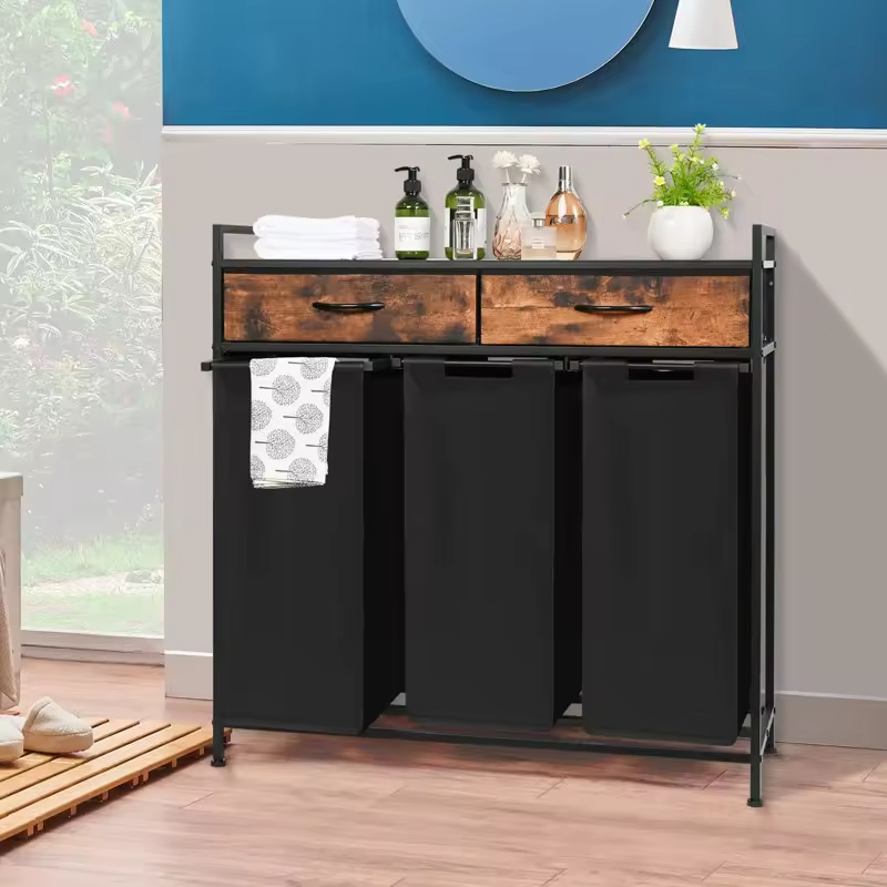 Custom Rustic Steel & Wood Laundry Storage Basket with 3 Bags 2 Drawers Waterproof Design for Bathroom & Bedroom Use