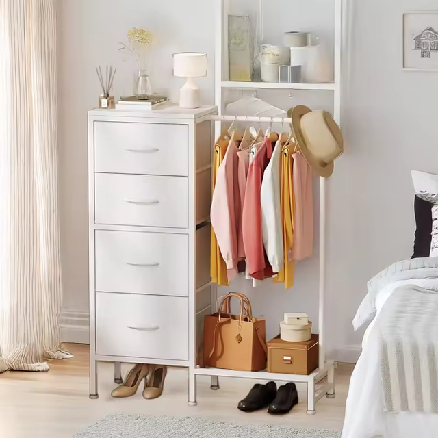 Small Metal Frame Bedroom Organizer with Hanging Rack and 4 Drawers Space-Saving Furniture for Bathroom Hotel Dorm or Closet