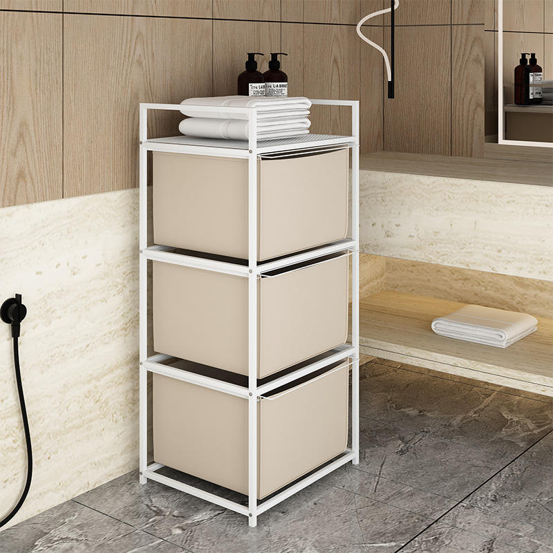 Bathroom Laundry Basket 3-layer Clothing Storage Carbon Steel Wood Rectangle Multifunction Standing Household