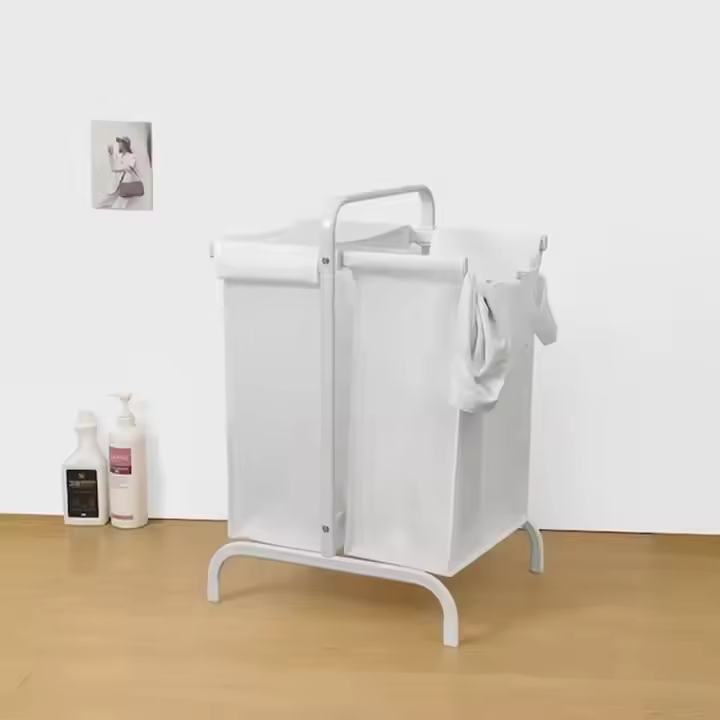 Manufacturer Custom Rustic Steel + Polyester Waterproof Removable Sturdy 2-Compartment Clothing Bathroom Bedroom Laundry Storage