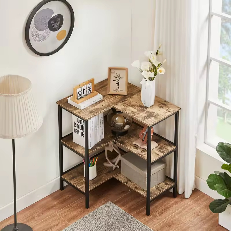 Custom Four-Layer Spine Shaped Strong Load-Bearing Steel Wood Combined Computer Desk Factory Living Room Storage Shelf Bookcase