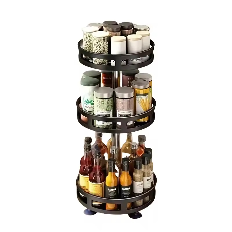 Factory Custom 3-Layer Rotatable Kitchen Seasoning Rack with Three Baskets Storage Shelf Kitchen Metal Multi-fuction Spice Racks
