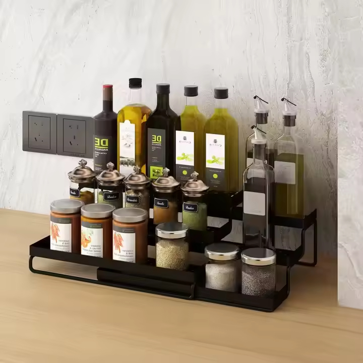 Three-Piece Metal Expandable Seasoning Jar Set Kitchen Herb Spice Tools Shaker Lid Wood Bamboo Spice Spoon Salt Pepper Storage