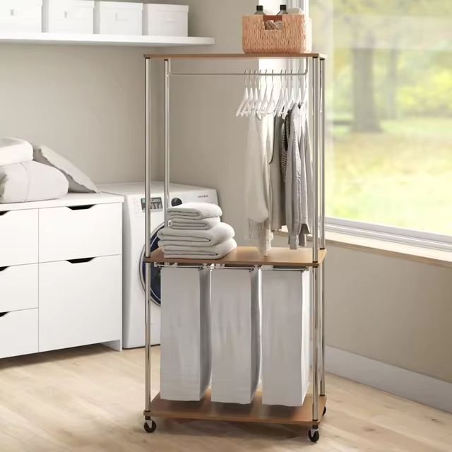 Factory Custom Bathroom Storage Baskets with Metal-wood Cionmbined Frame and Hangers Wheeled Laundry Hamper