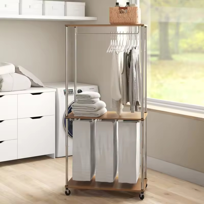 Factory Custom Bathroom Storage Baskets with Metal-wood Cionmbined Frame and Hangers Wheeled Laundry Hamper